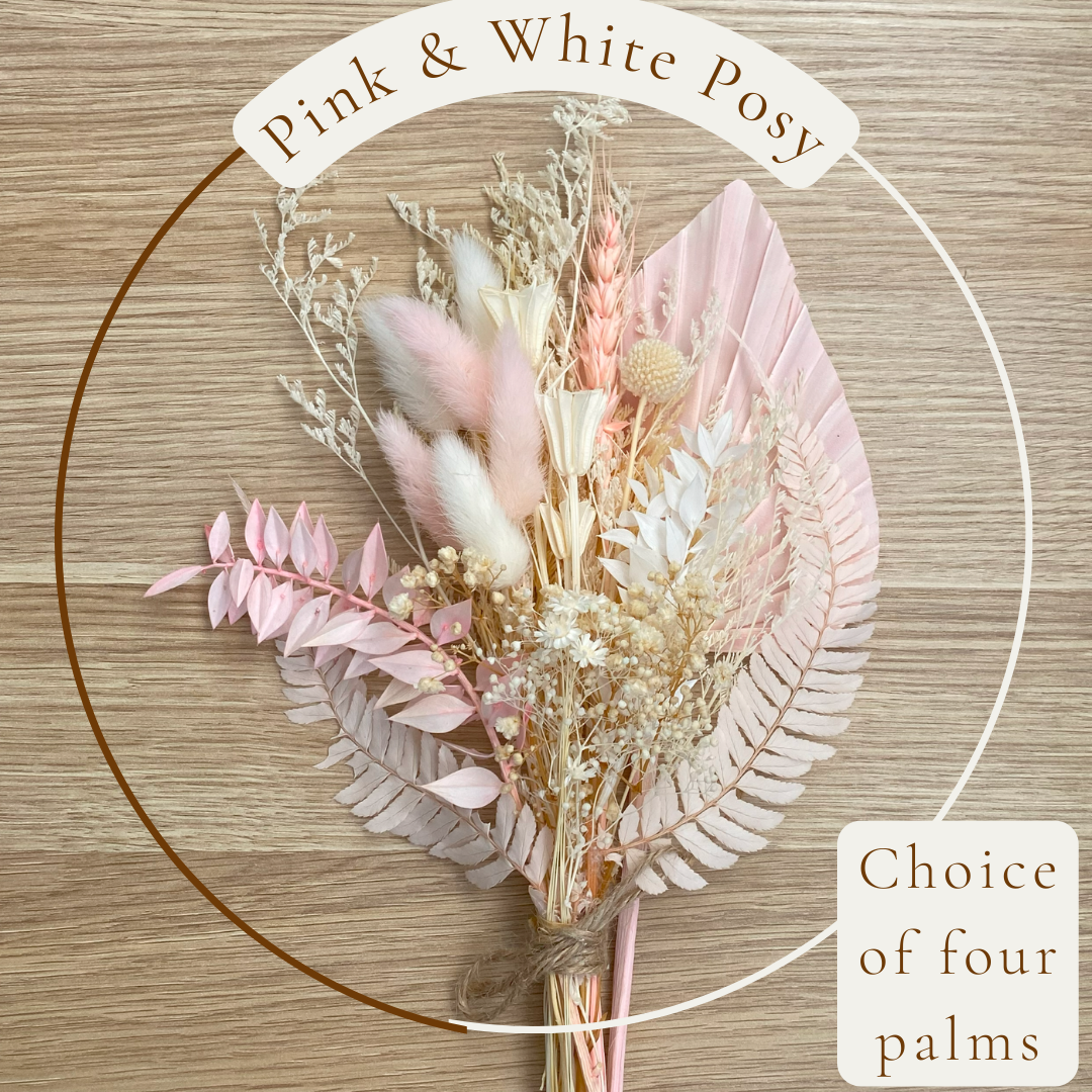 Dried Flower Bouquet Cake Topper - Pink and White in 4 Palm Colours