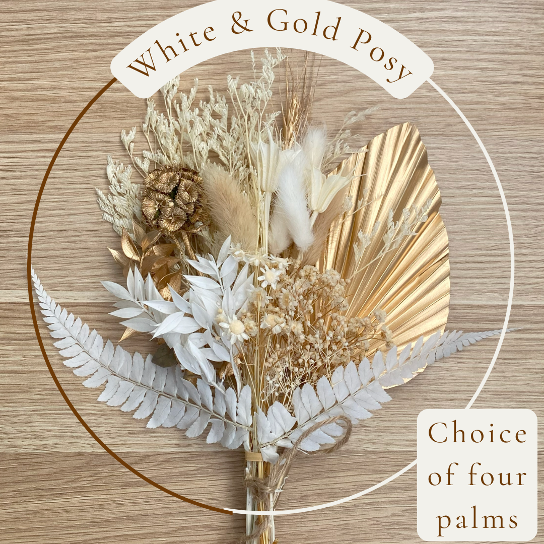 Dried Flower Bouquet Cake Topper - Gold and White in 4 Palm Colours