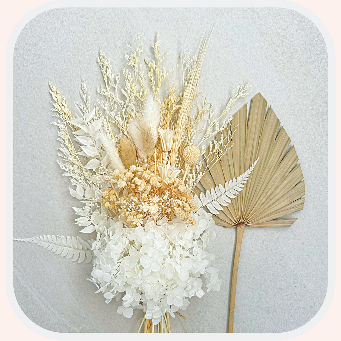 Dried Flower Bouquet Cake Topper with Hydrangea - White and Cream in 4 Palm Colours
