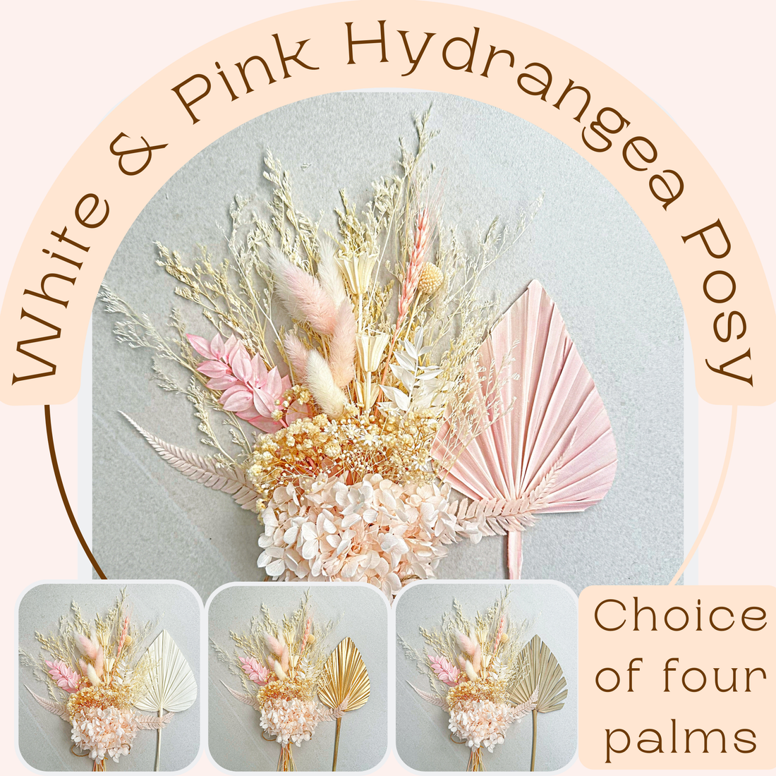 Dried Flower Bouquet Cake Topper with Hydrangea - Pink and White in 4 Palm Colours