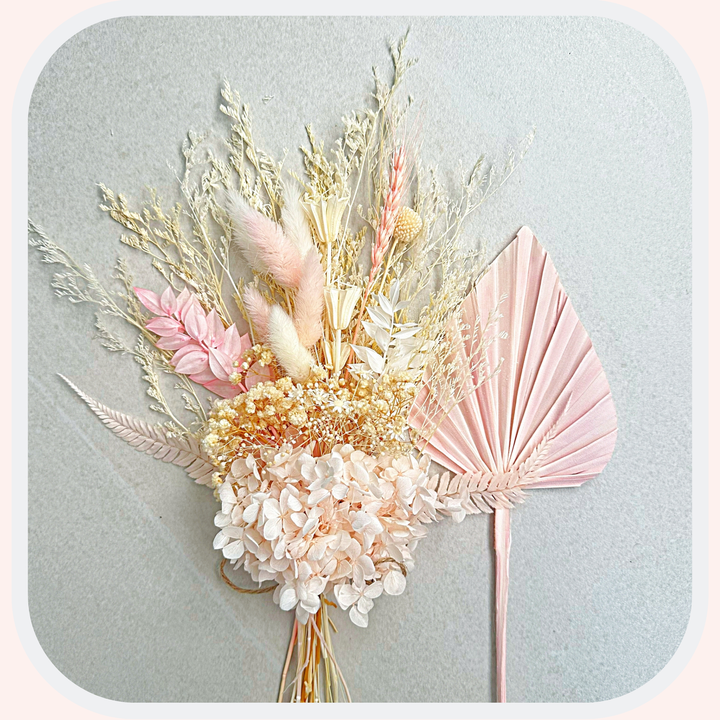 Dried Flower Bouquet Cake Topper with Hydrangea - Pink and White in 4 Palm Colours
