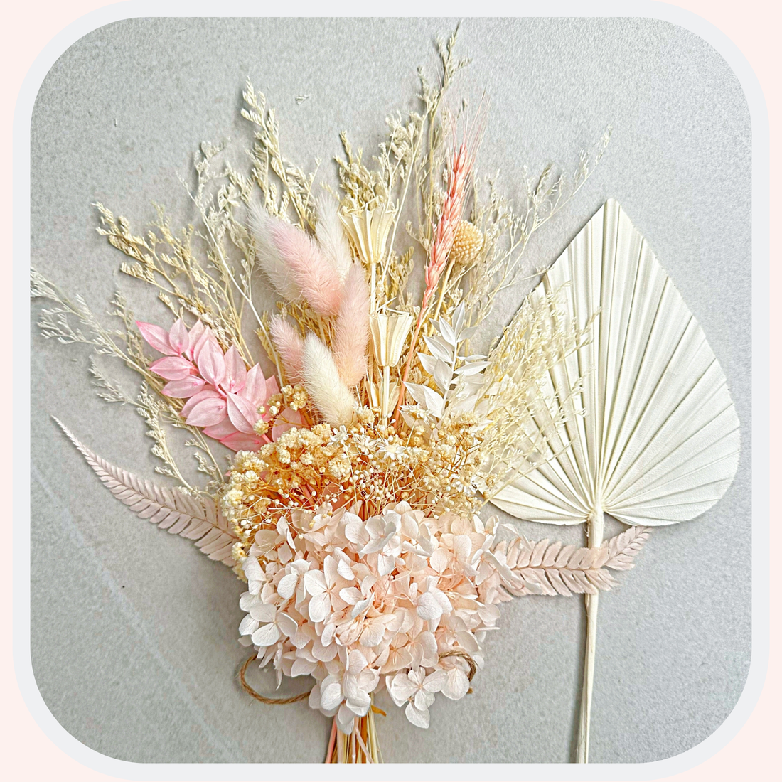Dried Flower Bouquet Cake Topper with Hydrangea - Pink and White in 4 Palm Colours
