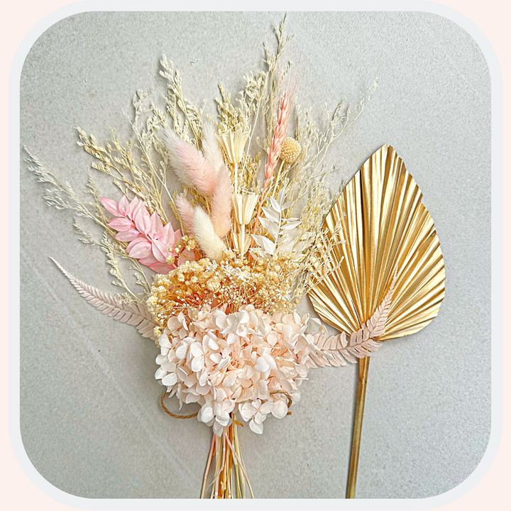 Dried Flower Bouquet Cake Topper with Hydrangea - Pink and White in 4 Palm Colours