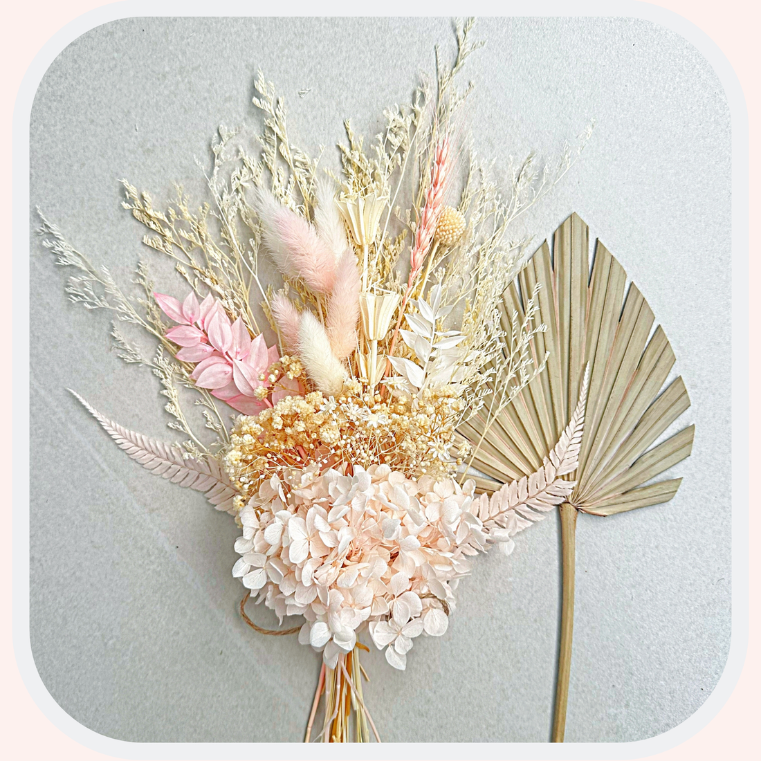 Dried Flower Bouquet Cake Topper with Hydrangea - Pink and White in 4 Palm Colours