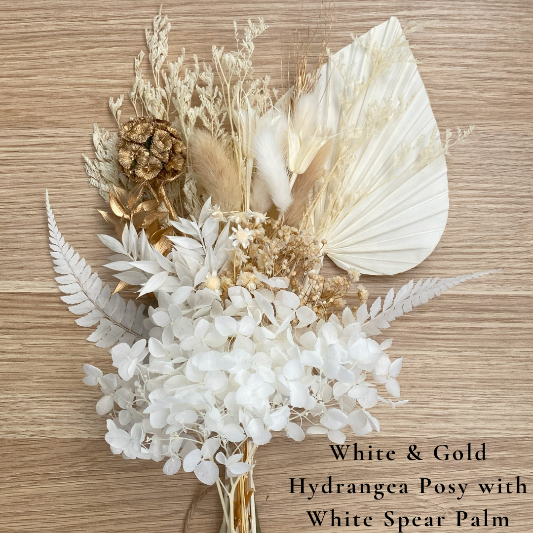 Dried Flower Bouquet Cake Topper with Hydrangea - Gold and White in 4 Palm Colours