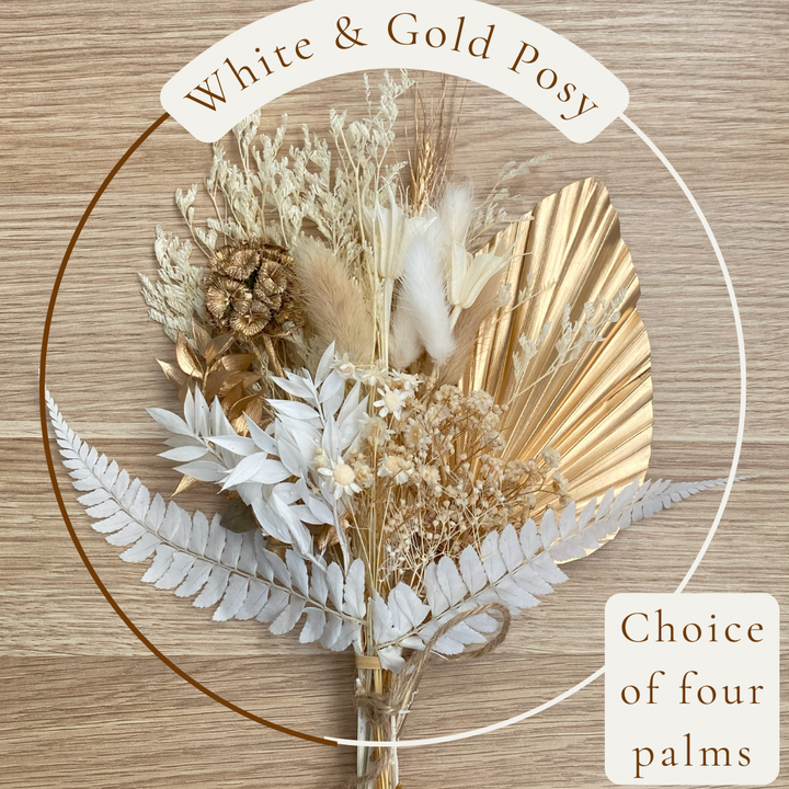 Dried Flower Bouquet Cake Topper - Gold and White in 4 Palm Colours