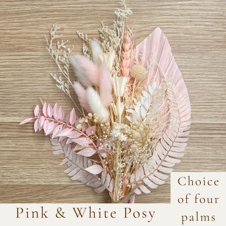 Dried Flower Bouquet Cake Topper - Pink and White in 4 Palm Colours