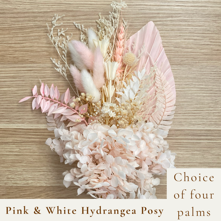Dried Flower Bouquet Cake Topper with Hydrangea - Pink and White in 4 Palm Colours