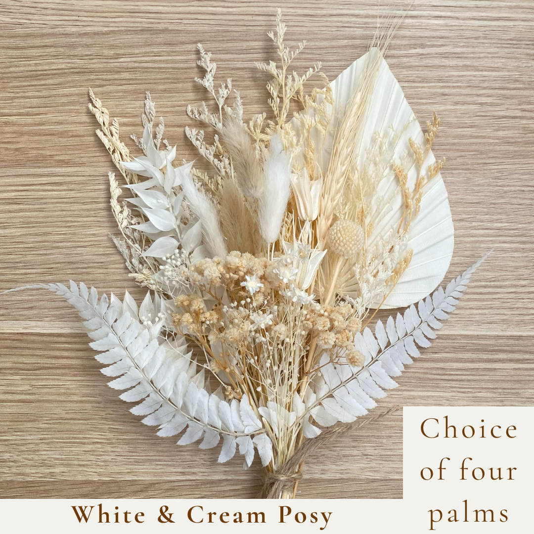 Dried Flower Bouquet Cake Topper - White and Cream in 4 Palm Colours