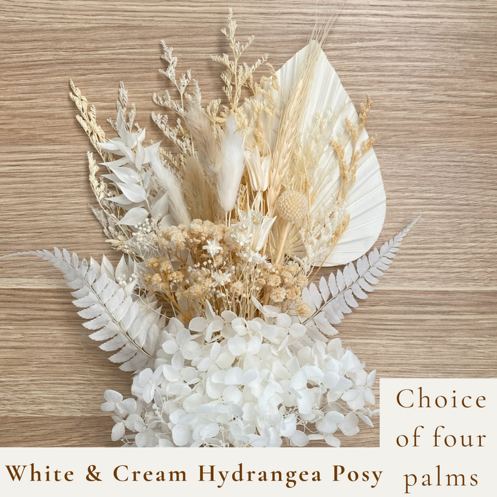 Dried Flower Bouquet Cake Topper with Hydrangea - White and Cream in 4 Palm Colours
