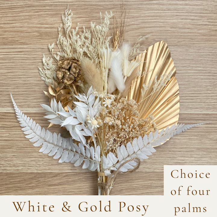 Dried Flower Bouquet Cake Topper - Gold and White in 4 Palm Colours