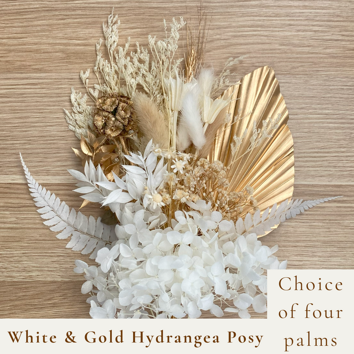 Dried Flower Bouquet Cake Topper with Hydrangea - Gold and White in 4 Palm Colours