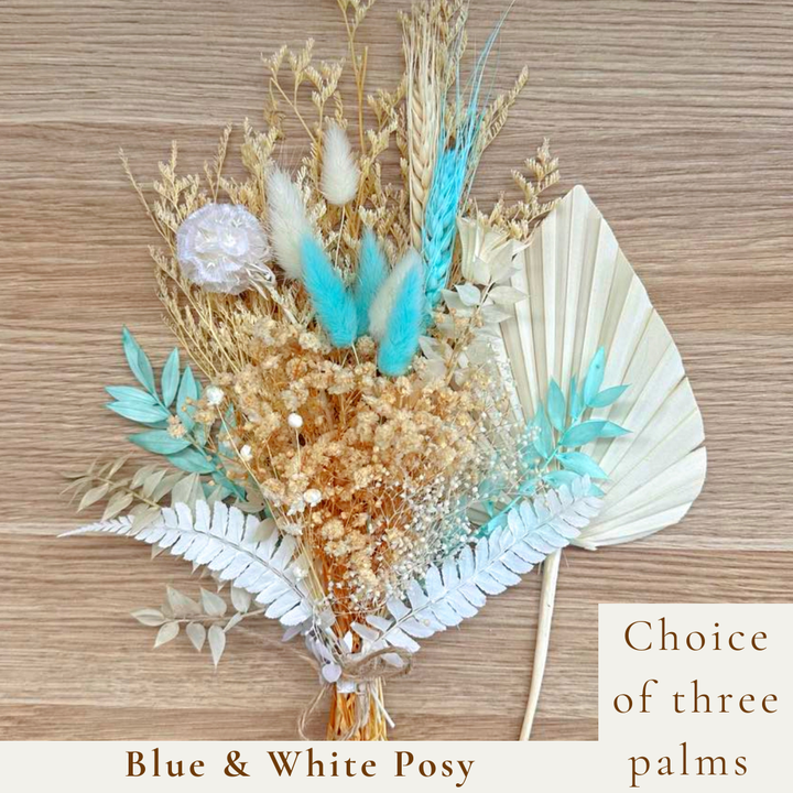 Dried Flower Bouquet Cake Topper - Blue and White in 3 Palm Colours
