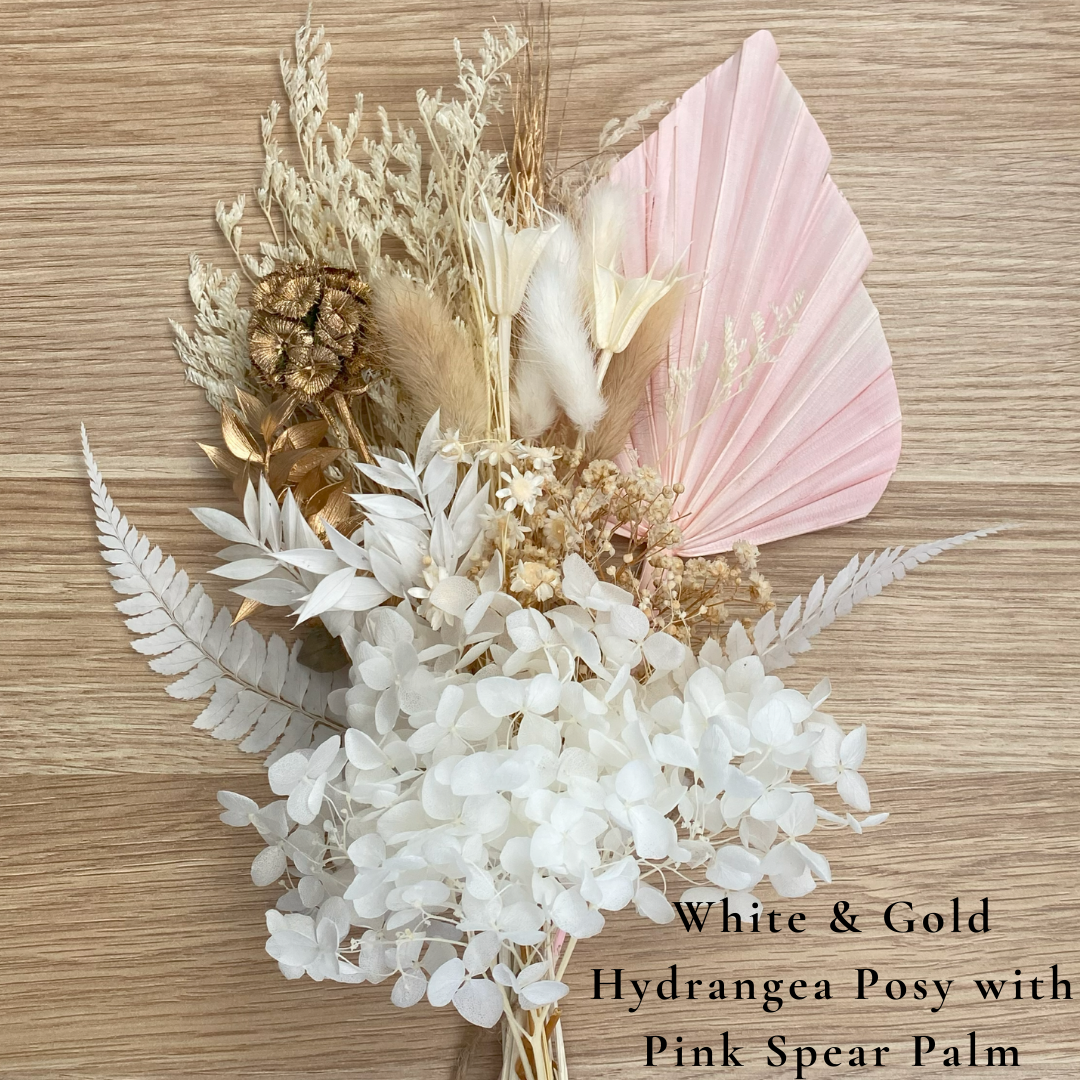 Dried Flower Bouquet Cake Topper with Hydrangea - Gold and White in 4 Palm Colours