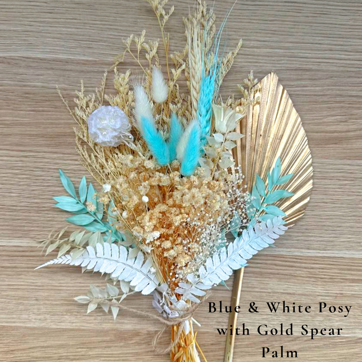 Dried Flower Bouquet Cake Topper - Blue and White in 3 Palm Colours