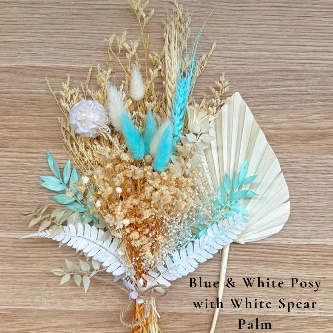 Dried Flower Bouquet Cake Topper - Blue and White in 3 Palm Colours