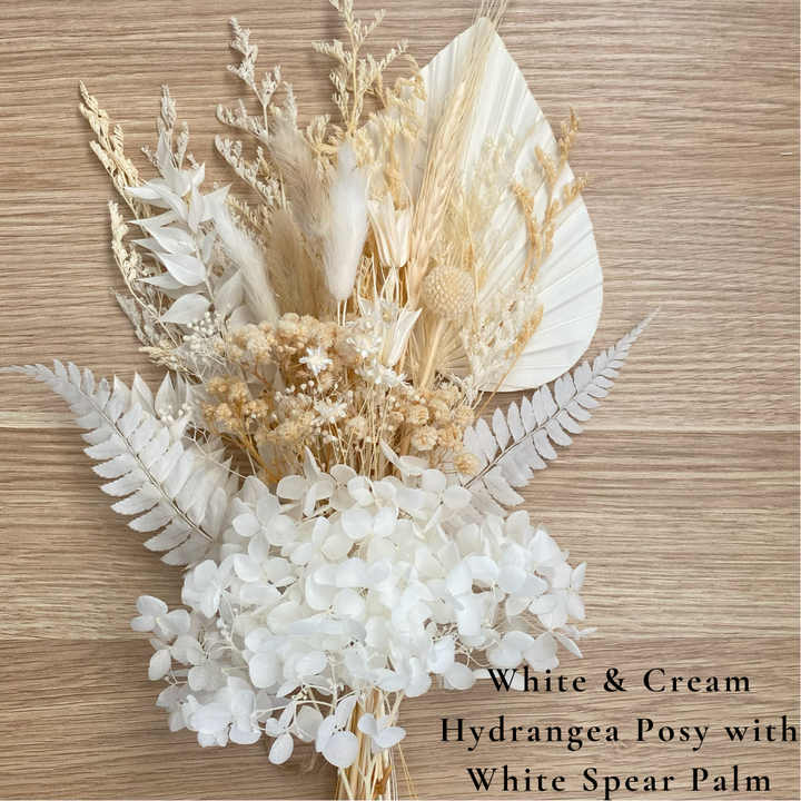 Dried Flower Bouquet Cake Topper with Hydrangea - White and Cream in 4 Palm Colours