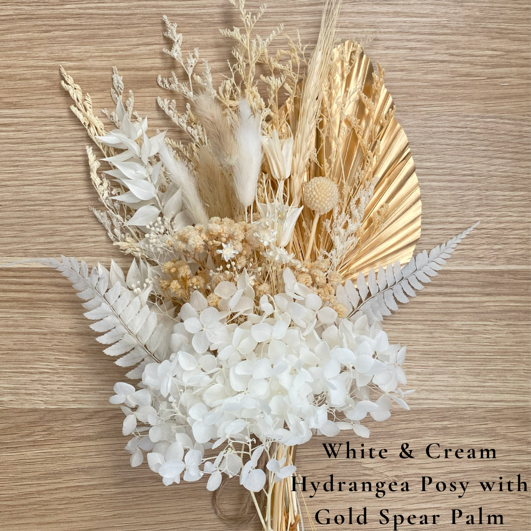 Dried Flower Bouquet Cake Topper with Hydrangea - White and Cream in 4 Palm Colours