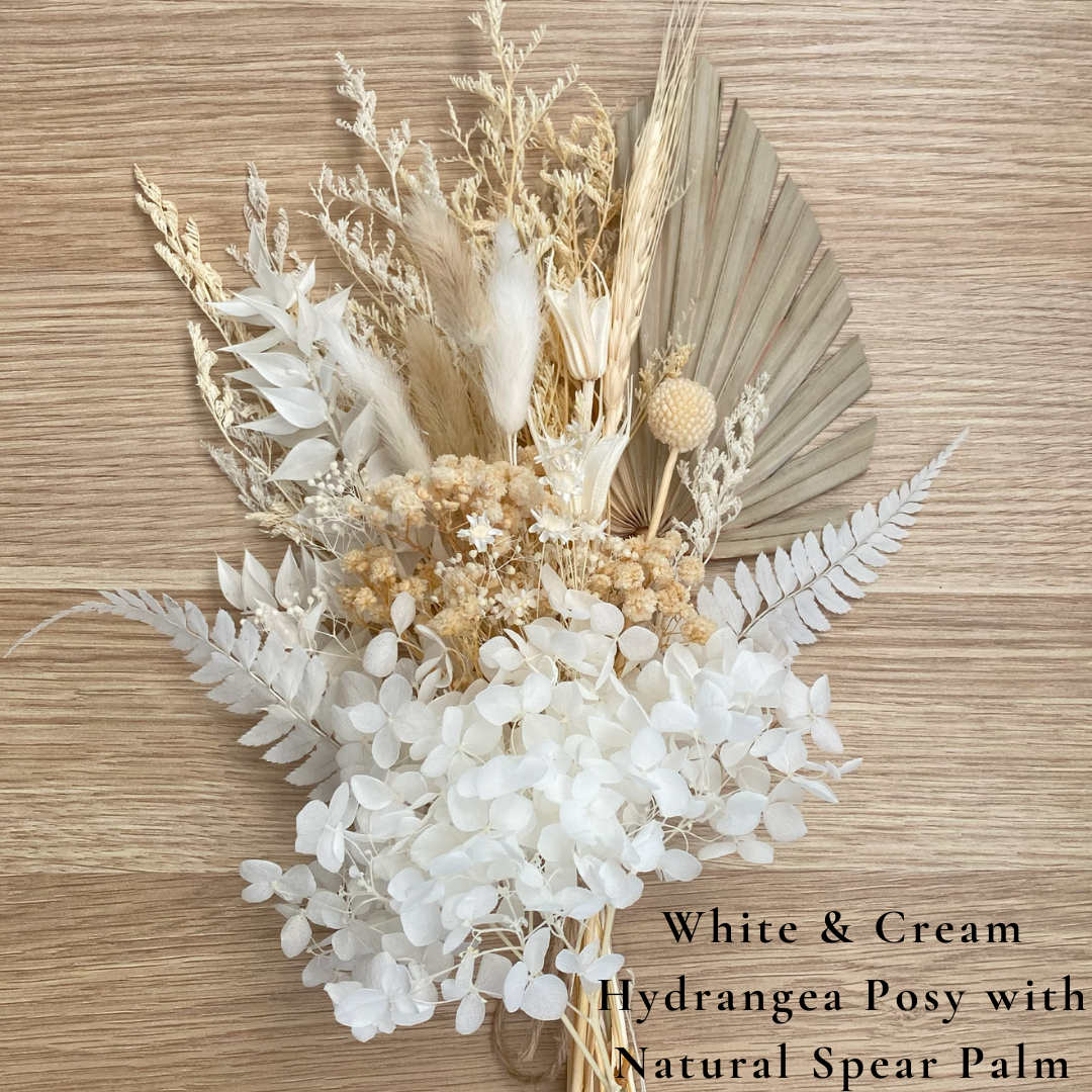 Dried Flower Bouquet Cake Topper with Hydrangea - White and Cream in 4 Palm Colours