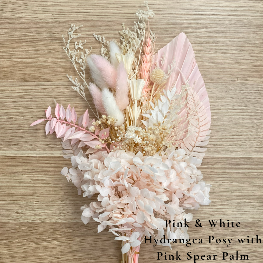 Dried Flower Bouquet Cake Topper with Hydrangea - Pink and White in 4 Palm Colours
