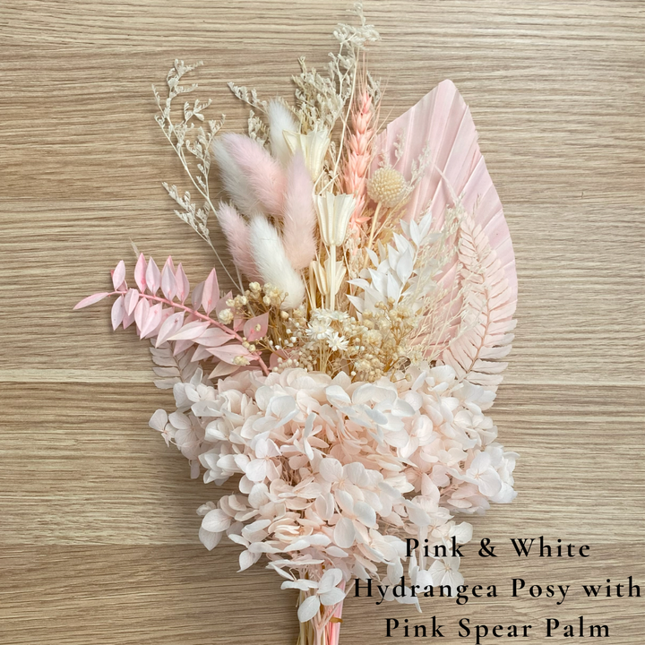 Dried Flower Bouquet Cake Topper with Hydrangea - Pink and White in 4 Palm Colours