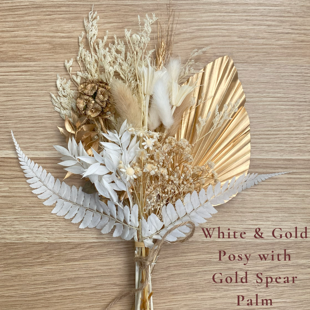 Dried Flower Bouquet Cake Topper - Gold and White in 4 Palm Colours