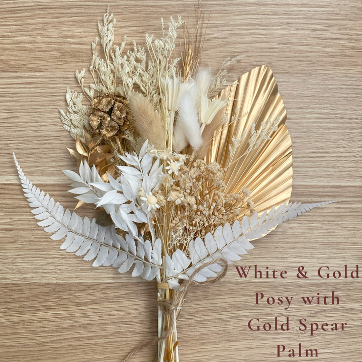 Dried Flower Bouquet Cake Topper - Gold and White in 4 Palm Colours