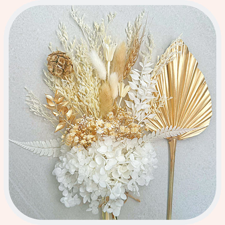 Dried Flower Bouquet Cake Topper with Hydrangea - Gold and White in 4 Palm Colours