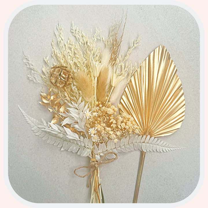 Dried Flower Bouquet Cake Topper - Gold and White in 4 Palm Colours