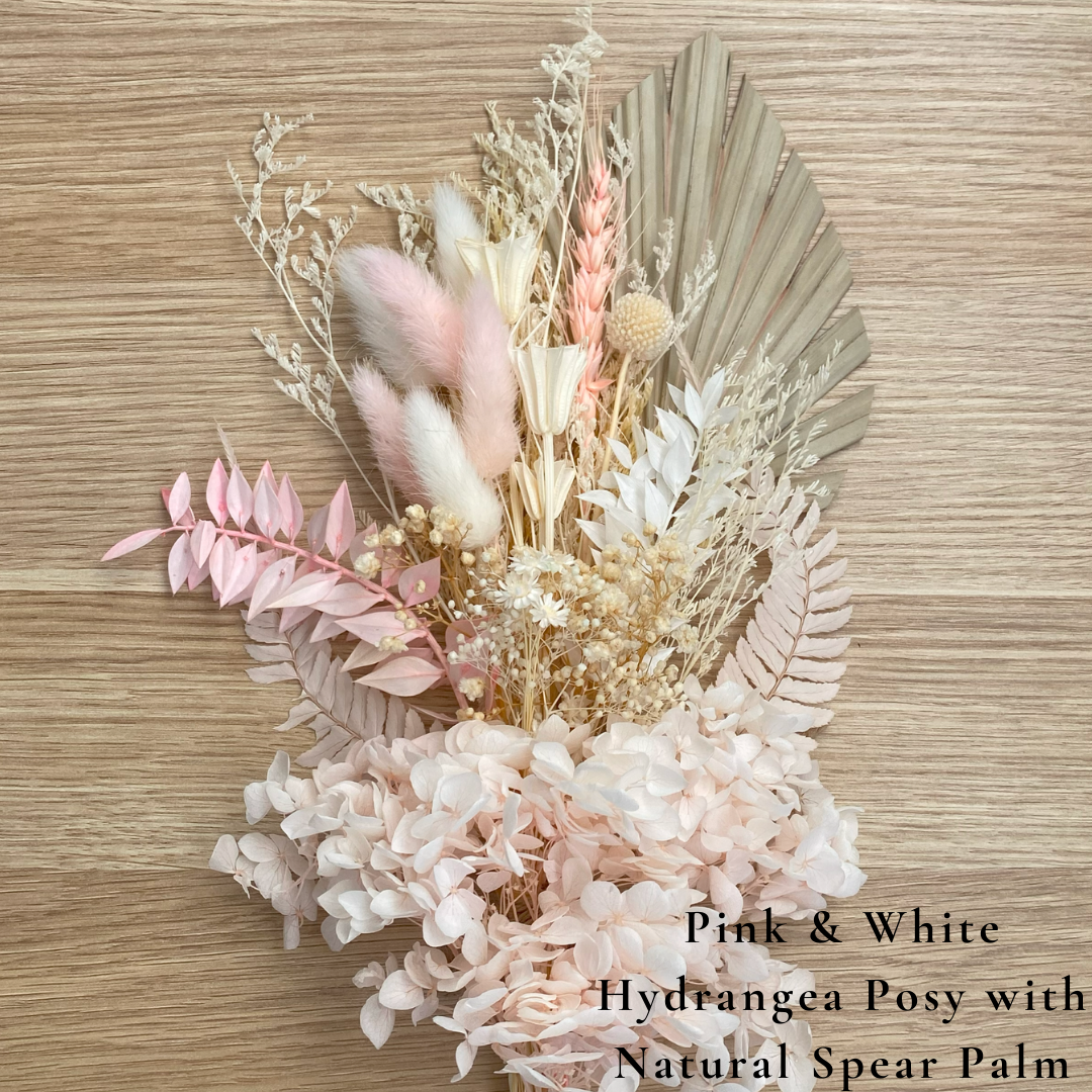Dried Flower Bouquet Cake Topper with Hydrangea - Pink and White in 4 Palm Colours