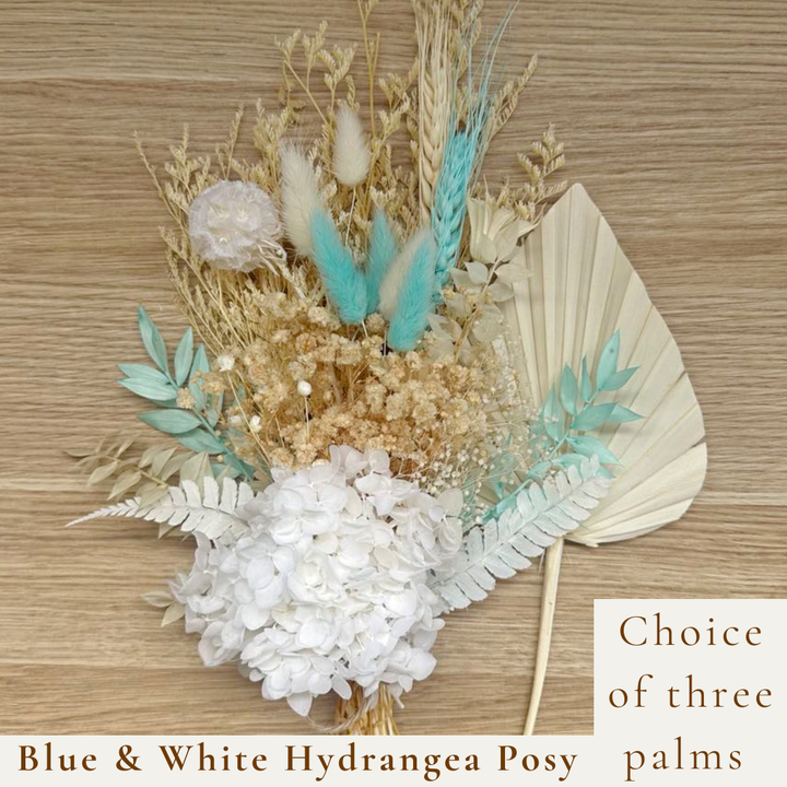 Dried Flower Bouquet Cake Topper with Hydrangea - Blue and White in 3 Palm Colours
