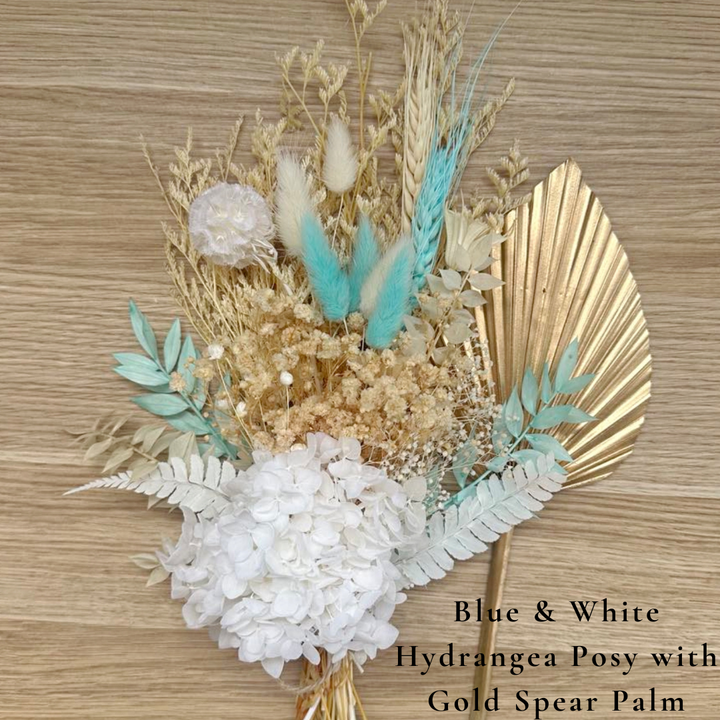 Dried Flower Bouquet Cake Topper with Hydrangea - Blue and White in 3 Palm Colours
