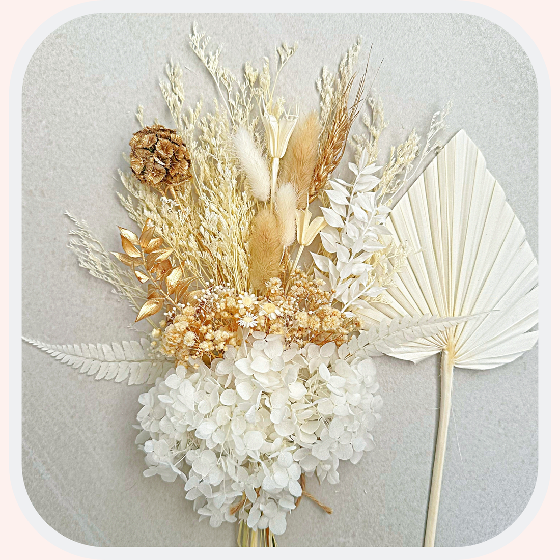 Dried Flower Bouquet Cake Topper with Hydrangea - Gold and White in 4 Palm Colours