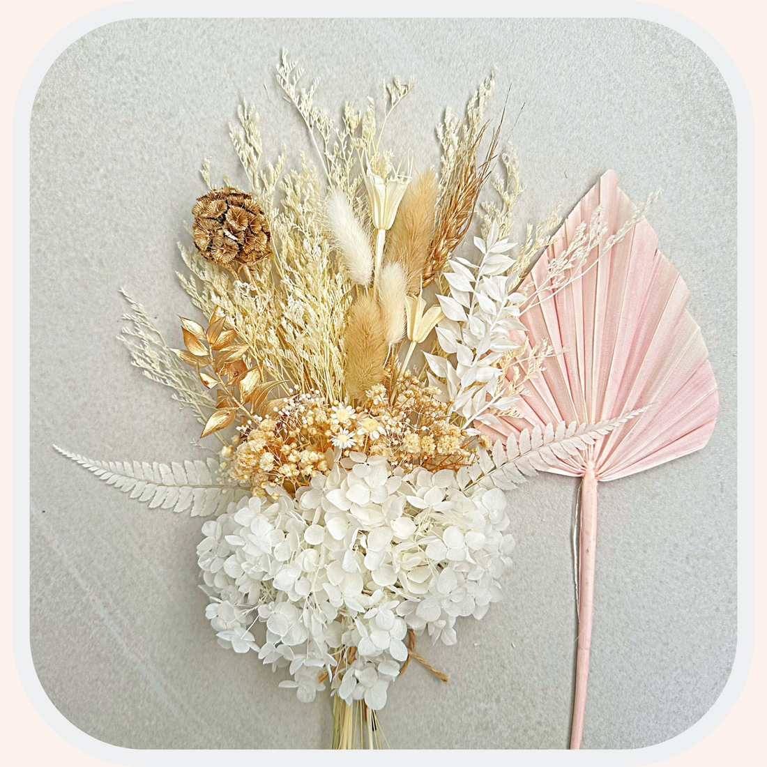 Dried Flower Bouquet Cake Topper with Hydrangea - Gold and White in 4 Palm Colours