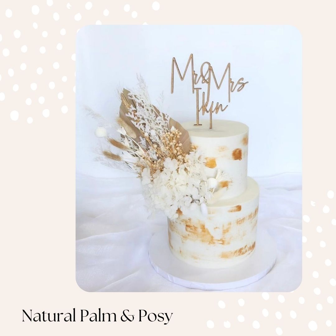 Dried Flower Bouquet Cake Topper with Hydrangea - White and Cream in 4 Palm Colours