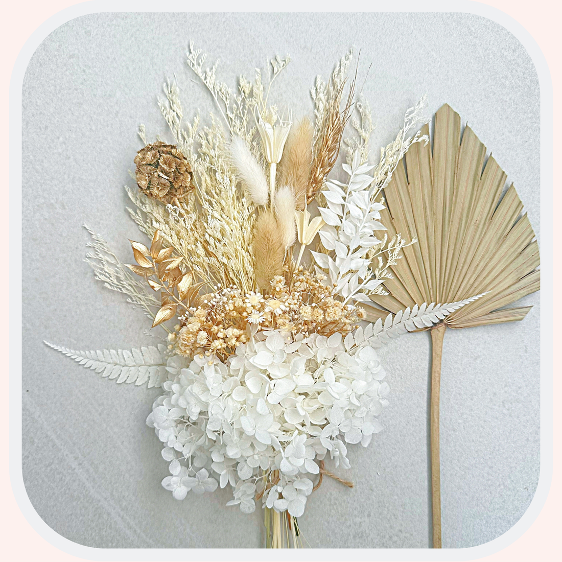 Dried Flower Bouquet Cake Topper with Hydrangea - Gold and White in 4 Palm Colours