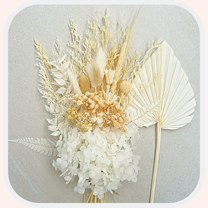Dried Flower Bouquet Cake Topper with Hydrangea - White and Cream in 4 Palm Colours