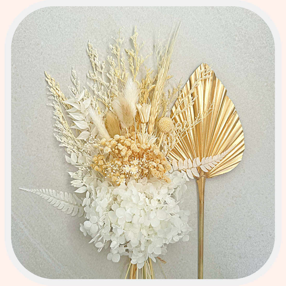 Dried Flower Bouquet Cake Topper with Hydrangea - White and Cream in 4 Palm Colours