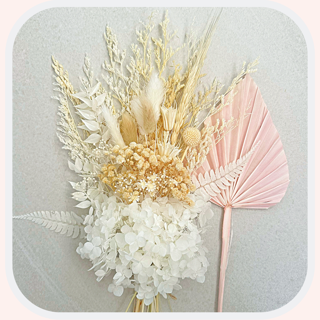 Dried Flower Bouquet Cake Topper with Hydrangea - White and Cream in 4 Palm Colours