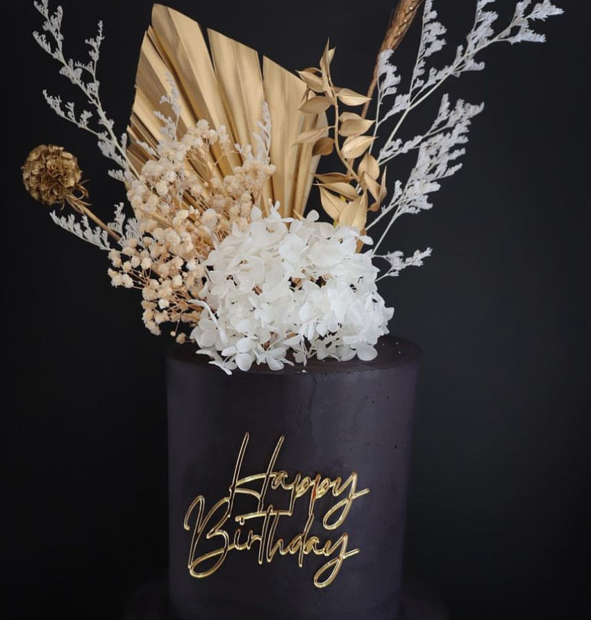 Dried Flower Bouquet Cake Topper with Hydrangea - Gold and White in 4 Palm Colours