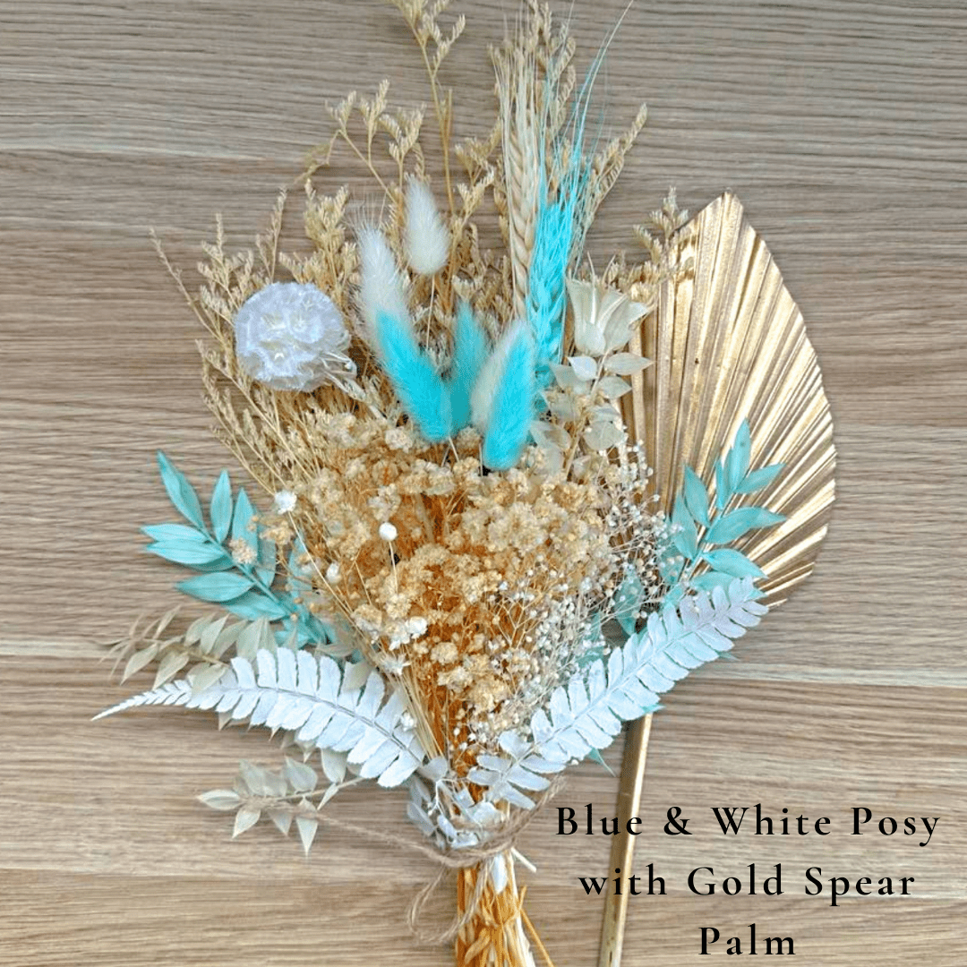 Dried Flower Bouquet Cake Topper - Blue and White in 3 Palm Colours - Dried Flowers - The Sprinkle Bar