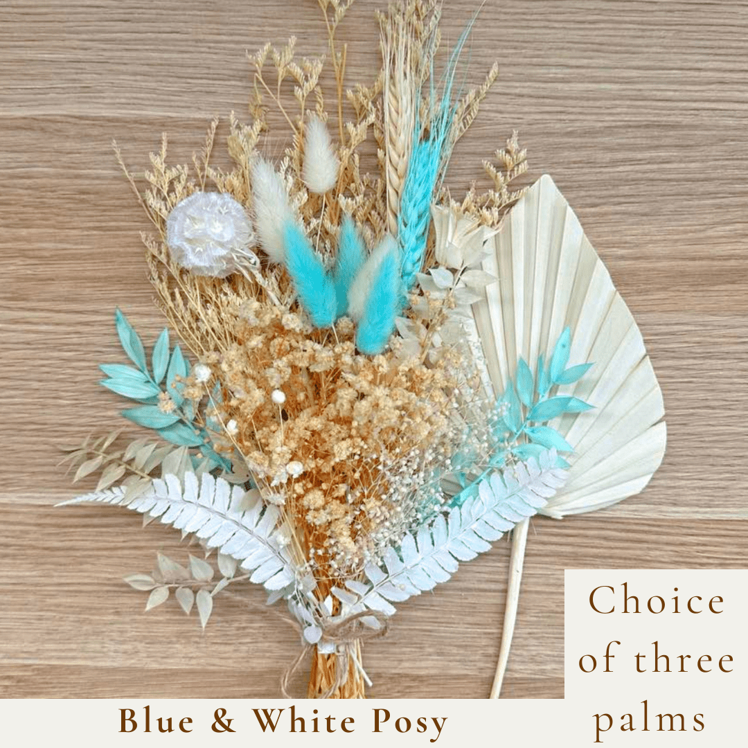 Dried Flower Bouquet Cake Topper - Blue and White in 3 Palm Colours - Dried Flowers - The Sprinkle Bar
