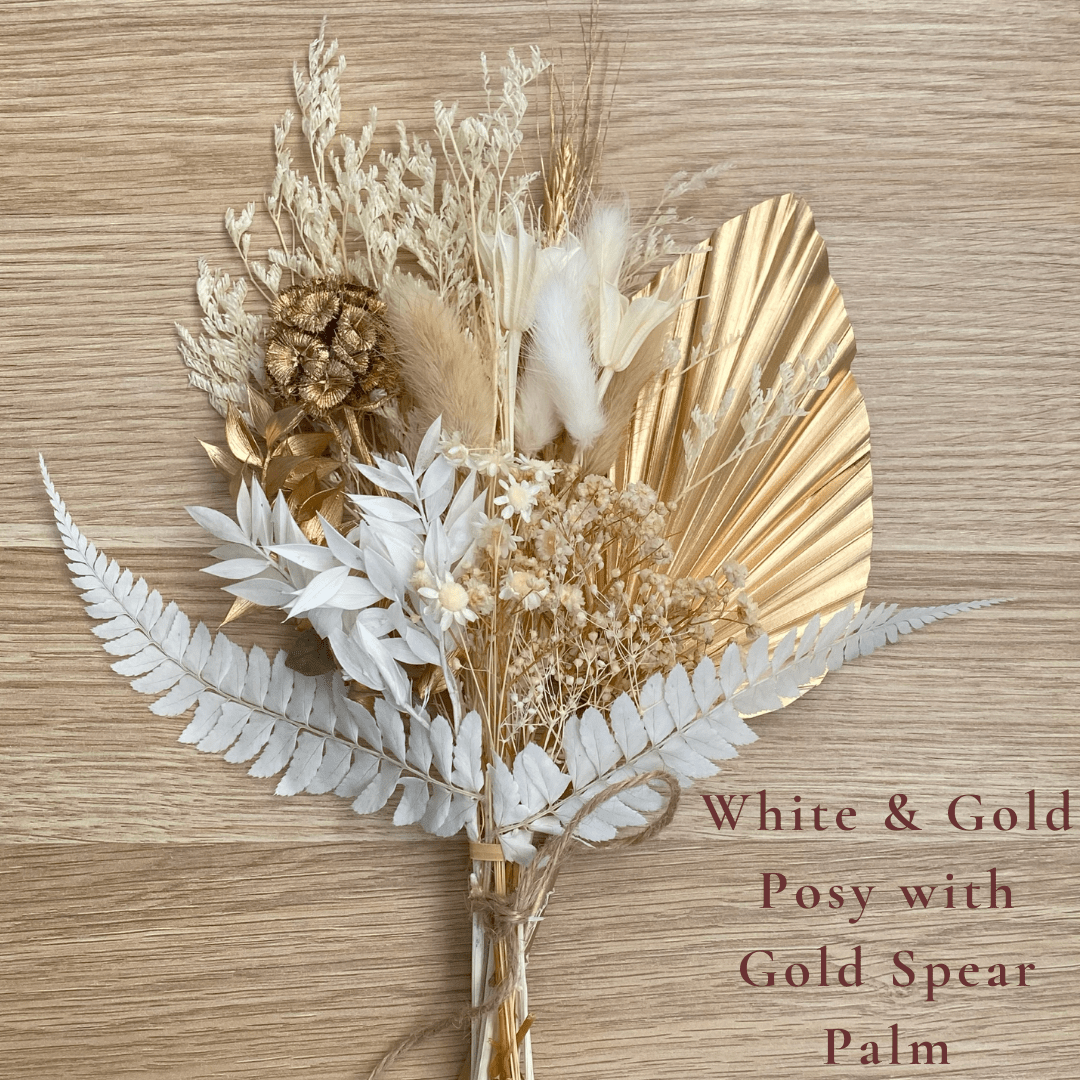 Dried Flower Bouquet Cake Topper - Gold and White with Gold Spear Palm Colour - Dried Flowers - The Sprinkle Bar