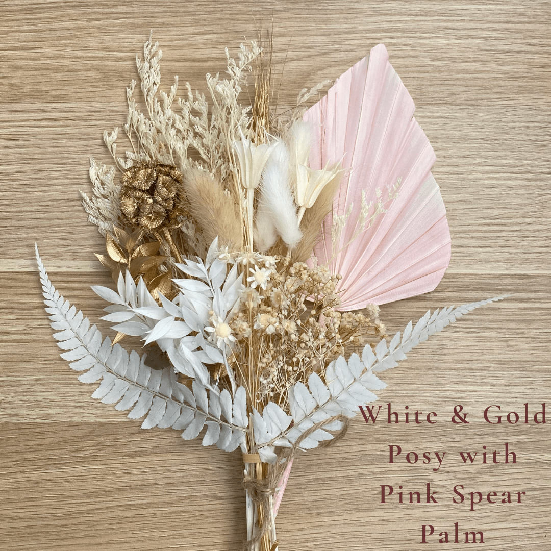 Dried Flower Bouquet Cake Topper - Gold and White with Pink Spear Palm Colour - Dried Flowers - The Sprinkle Bar