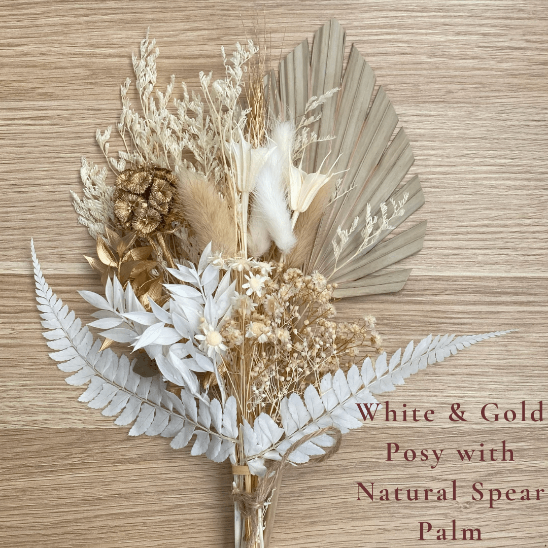 Dried Flower Bouquet Cake Topper - Gold and White with Natural Spear Palm Colour - Dried Flowers - The Sprinkle Bar