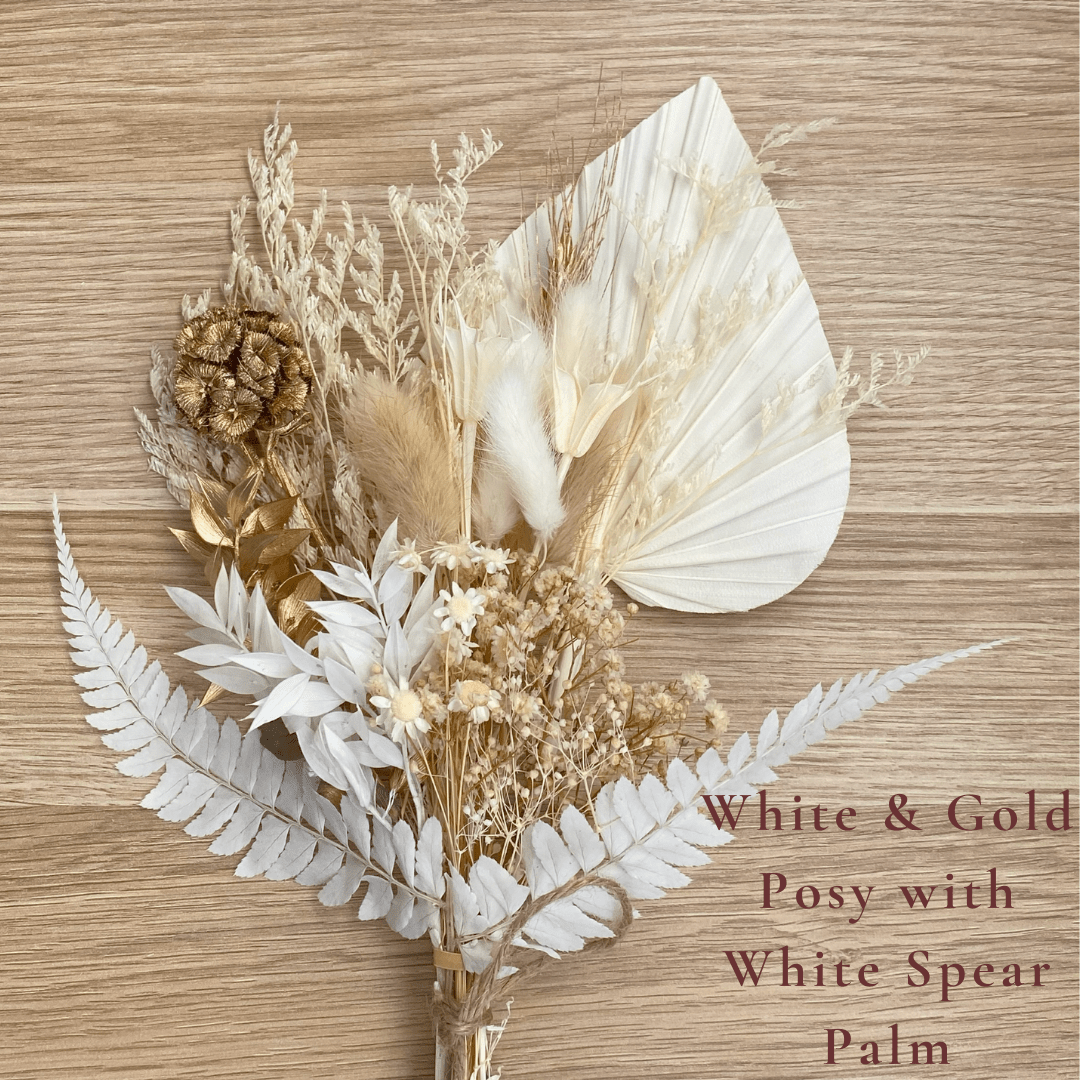 Dried Flower Bouquet Cake Topper - Gold and White with White Spear Palm Colour - Dried Flowers - The Sprinkle Bar