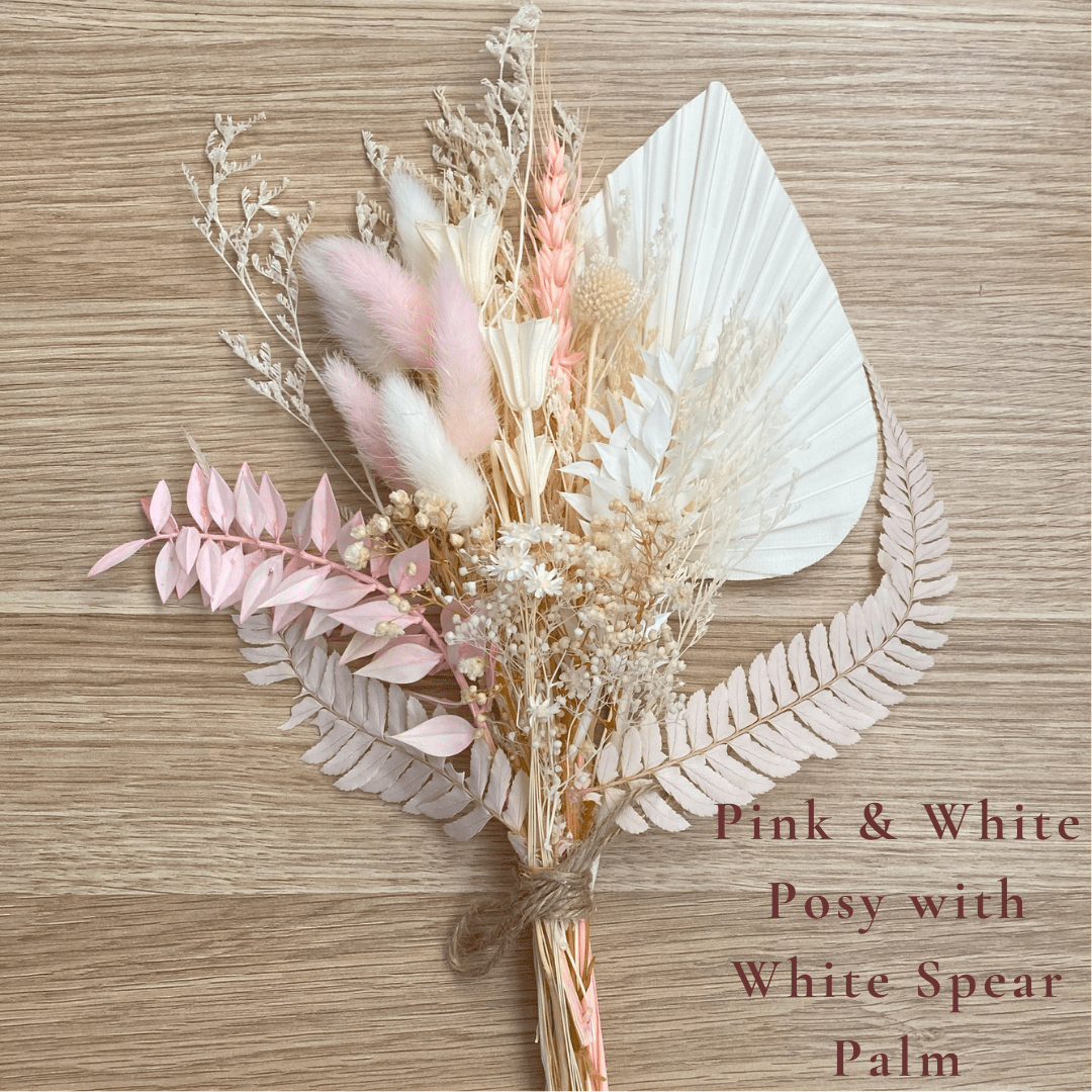 Dried Flower Bouquet Cake Topper - Pink and White with White Spear Palm Colour - Dried Flowers - The Sprinkle Bar