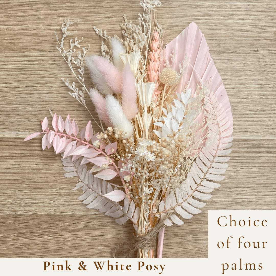 Dried Flower Bouquet Cake Topper - Pink and White in 4 Spear Palm Colours - Dried Flowers - The Sprinkle Bar