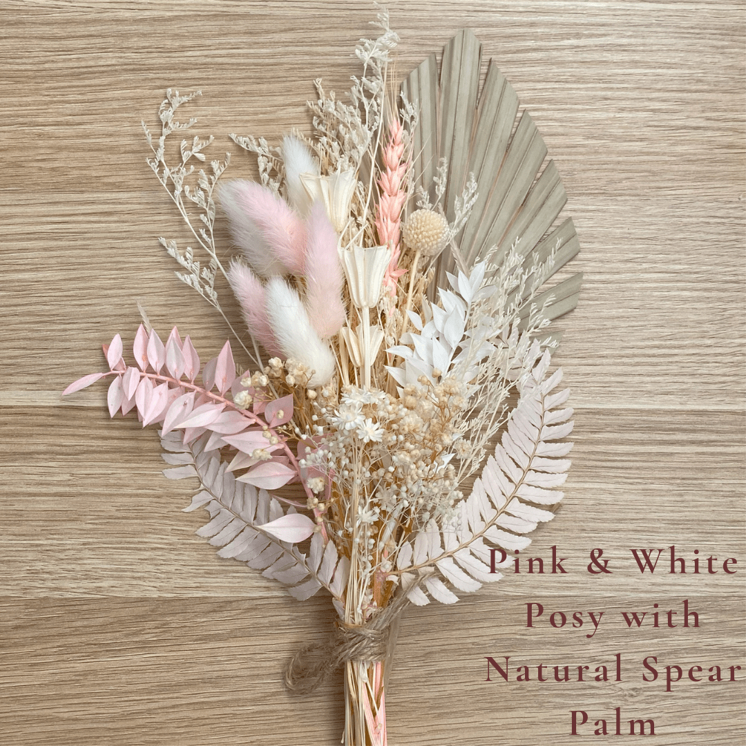 Dried Flower Bouquet Cake Topper - Pink and White with Natural Spear Palm Colour - Dried Flowers - The Sprinkle Bar