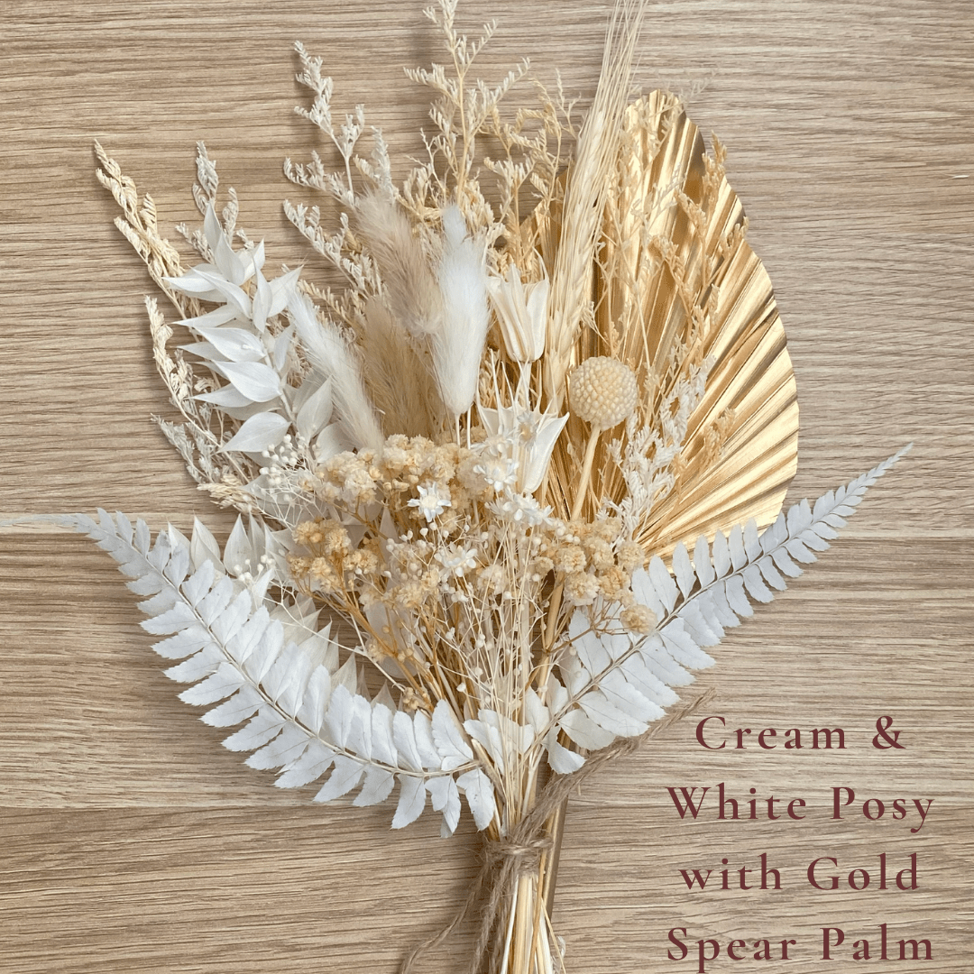 Dried Flower Bouquet Cake Topper - Cream and White with Gold Spear Palm Colour - Dried Flowers - The Sprinkle Bar